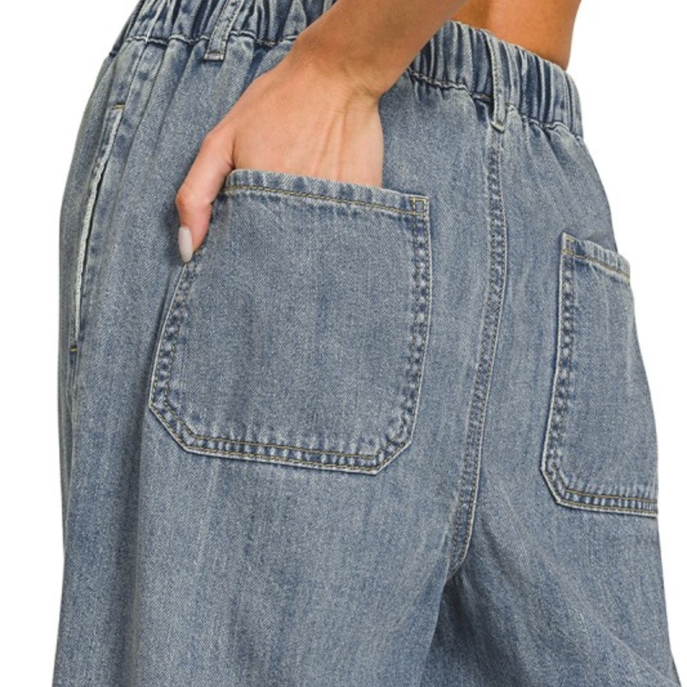 Zenana Wide Leg Denim Pants Drawstring Elastic Waist High Rise Medium NWT - Picture 6 of 13